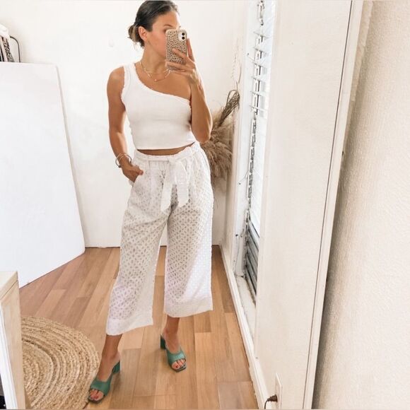J. Crew white Tie-waist eyelet high rise cropped pants Size 0 - Picture 1 of 13
